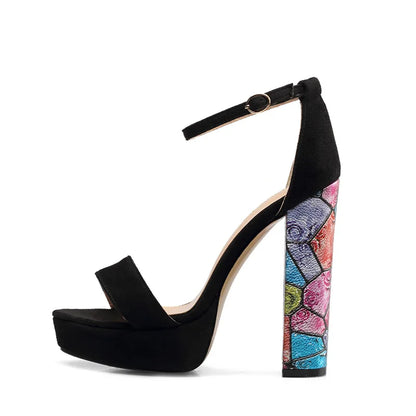 Large Size New Design Ladies Sandals Thick High Heel Shoes Print Chunky Heels Open Toe Waterproof Platform