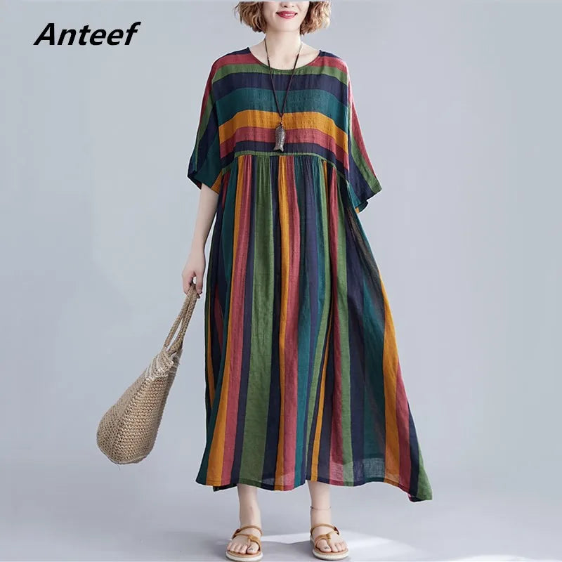 Abito estivo da donna a maniche corte, oversize, in cotone, a righe vintage, nuovo arrivo, casual, ampio, lungo, elegante, collezione 2026