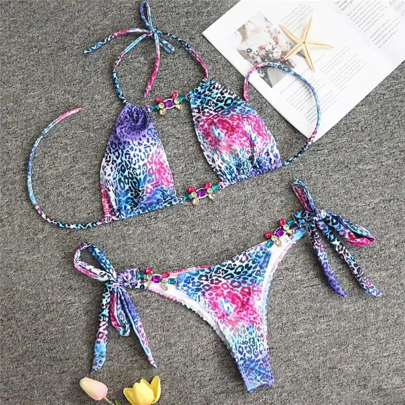 Bikini Leopardato con Strass 2026, Costume da Bagno Donna Scavato, Perizoma Femminile, Set Bikini con Diamanti, Halter