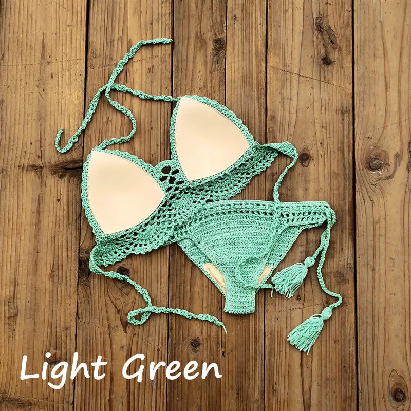 Costume da bagno donna all'uncinetto a mano in 10 colori Costume da bagno sexy con top corto push up Costume da bagno da spiaggia con nappa Pantaloncini da bagno