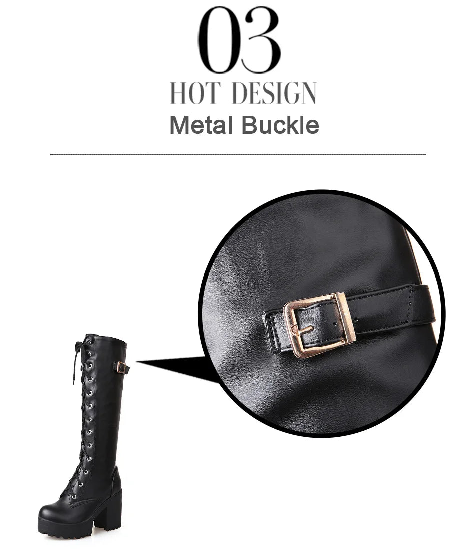Gdgydh Hot Sale Spring Autumn Lacing Knee High Boots Women Fashion White Square Heel Woman Leather Shoes Winter PU Large Size 43