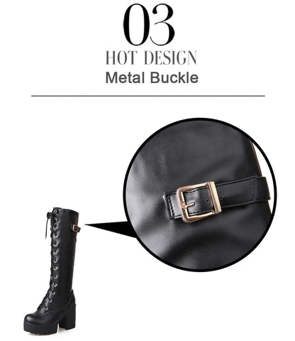 Gdgydh Hot Sale Spring Autumn Lacing Knee High Boots Women Fashion White Square Heel Woman Leather Shoes Winter PU Large Size 43
