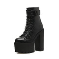 Gdgydh Modische Motorradstiefel Damen Leder Frühling Herbst Metallschnalle High Heel Schuhe Reißverschluss Stiefeletten Schwarz Damen Schnürung