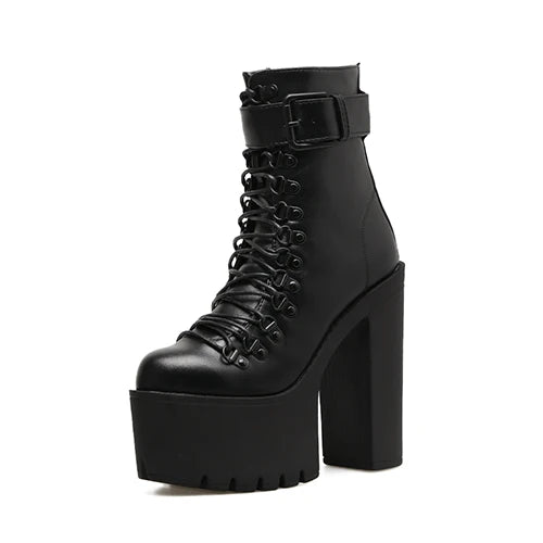 Gdgydh Stivali da moto moda Donna Pelle Primavera Autunno Fibbia in metallo Scarpe con tacco alto Cerniera Stivaletti neri Donna Allacciatura