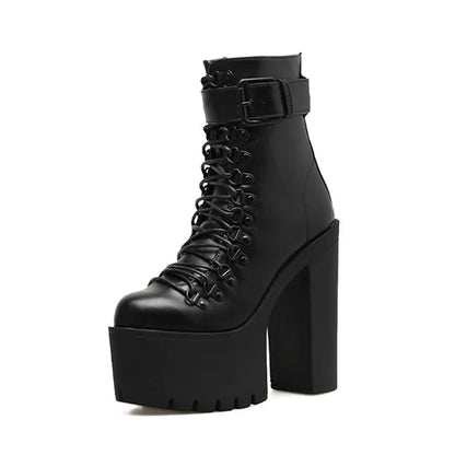 Gdgydh Stivali da moto moda Donna Pelle Primavera Autunno Fibbia in metallo Scarpe con tacco alto Cerniera Stivaletti neri Donna Allacciatura