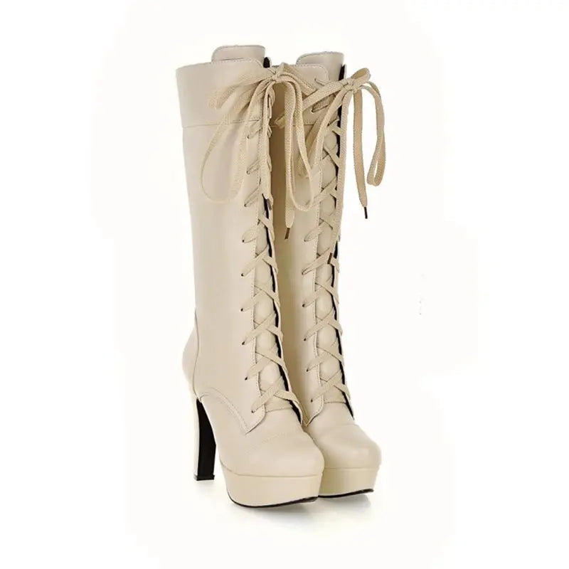 QPLYXCO Knee High Boots Women New Fashion Small Big Size 31-45 Autumn Winter Warm Lace Up High Heels Long Platform Boots M-20