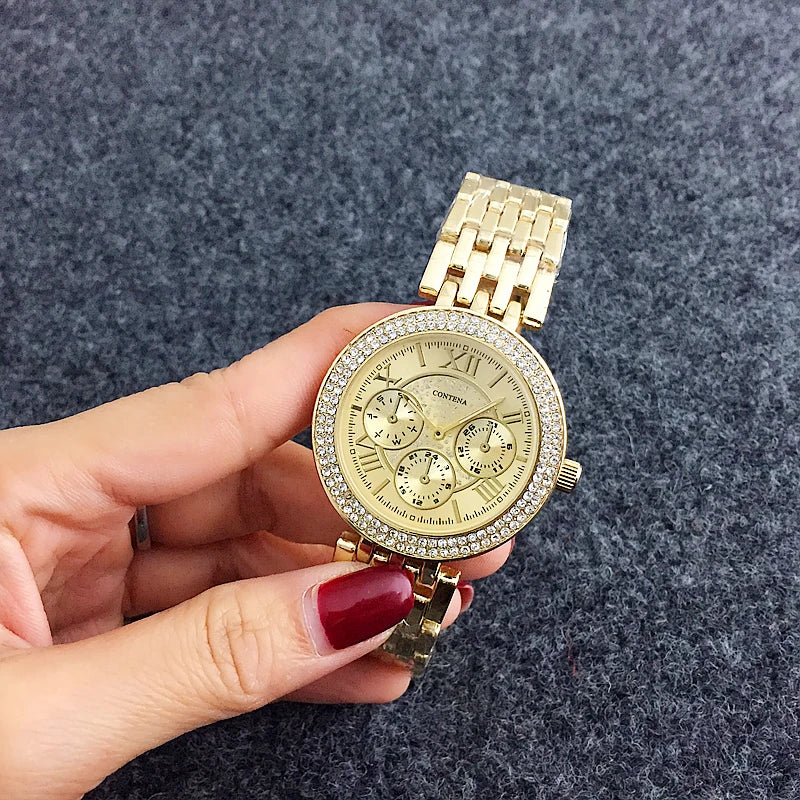 CONTENA di Strass di Lusso delle donne Orologi Da Donna Orologi di Moda Orologio Da Polso In Oro Delle Signore Della Vigilanza Orologio relogio feminino reloj mujer