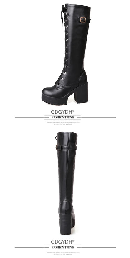 Gdgydh Hot Sale Spring Autumn Lacing Knee High Boots Women Fashion White Square Heel Woman Leather Shoes Winter PU Large Size 43