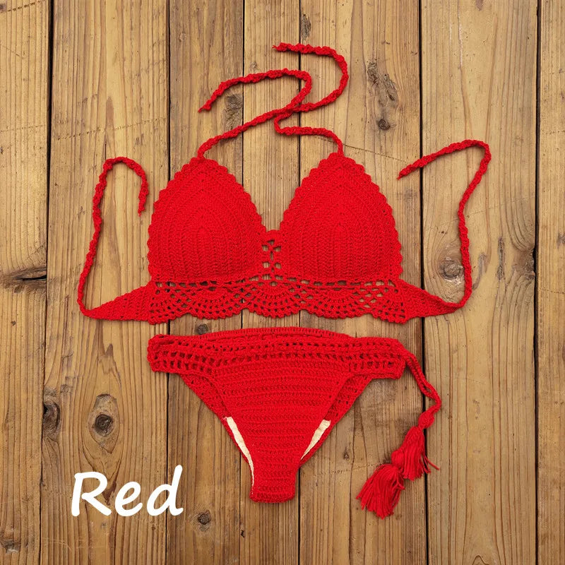 Costume da bagno donna all'uncinetto a mano in 10 colori Costume da bagno sexy con top corto push up Costume da bagno da spiaggia con nappa Pantaloncini da bagno