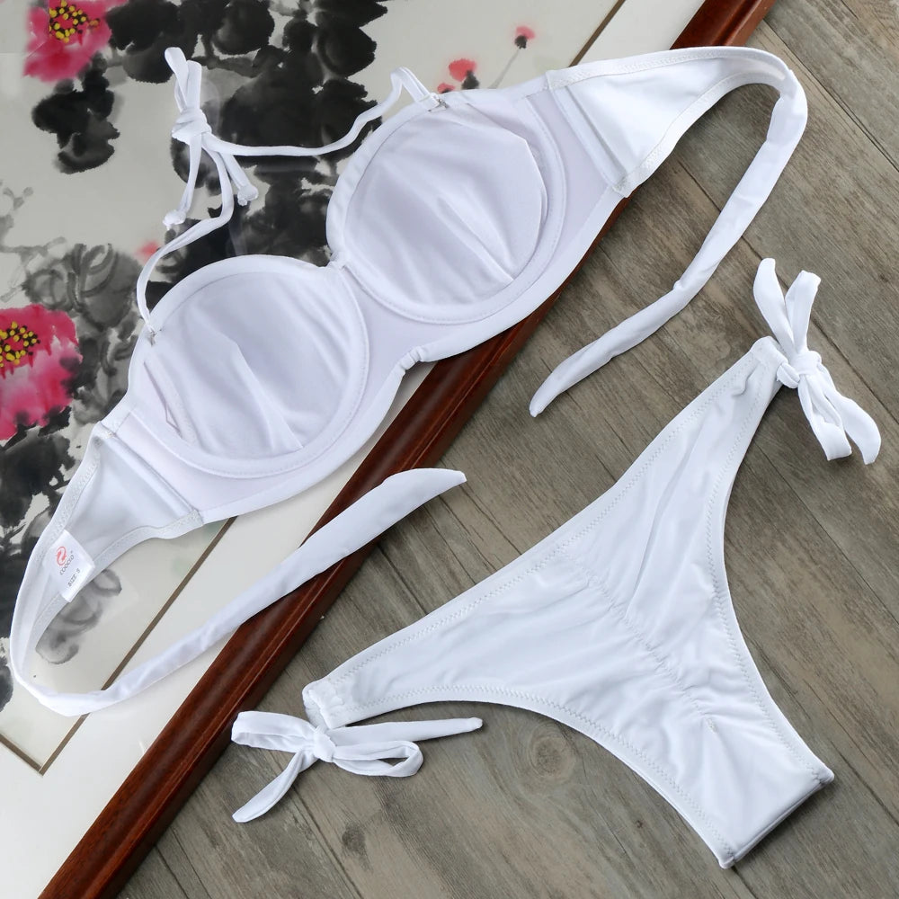 Bikini Solide Avec Bretelles Bandage Ensemble Bikini Blanc Push Up Bikini Maillots De Bain Bandeau Maillot De Bain Brésilien Maillot De Bain