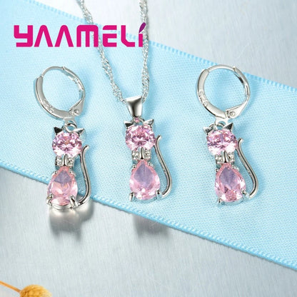 Set di gioielli in vero argento sterling 925 per donna ragazza brillante cristallo austriaco collana con ciondolo gatto carino orecchino Huggie