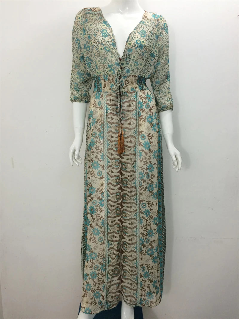 TEELYNN boho abito lungo Vintage 2023 stampa floreale Chiffon manica a tre quarti scollo a v estate Gypsy Hippie abiti da donna vestidos