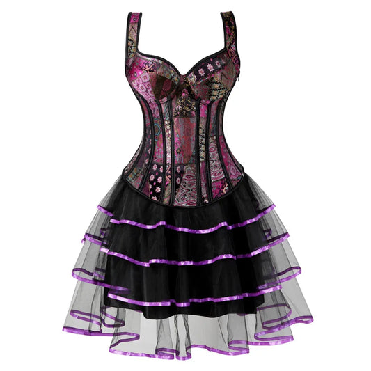 abiti corsetto bustier per donna gonna tutù set corsetto con cinturino con cerniera plus size jacquard gotico burlesque sexy vintage viola 6XL