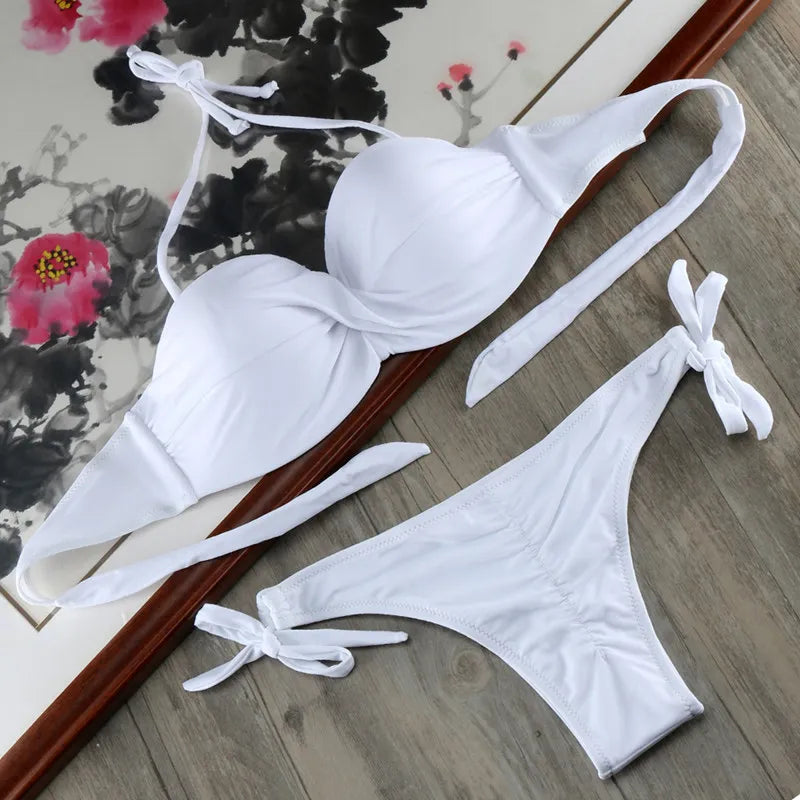 Bikini Solide Avec Bretelles Bandage Ensemble Bikini Blanc Push Up Bikini Maillots De Bain Bandeau Maillot De Bain Brésilien Maillot De Bain