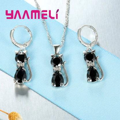 Set di gioielli in vero argento sterling 925 per donna ragazza brillante cristallo austriaco collana con ciondolo gatto carino orecchino Huggie