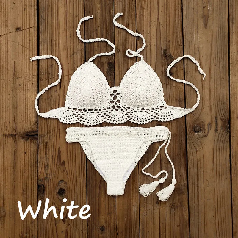 Costume da bagno donna all'uncinetto a mano in 10 colori Costume da bagno sexy con top corto push up Costume da bagno da spiaggia con nappa Pantaloncini da bagno