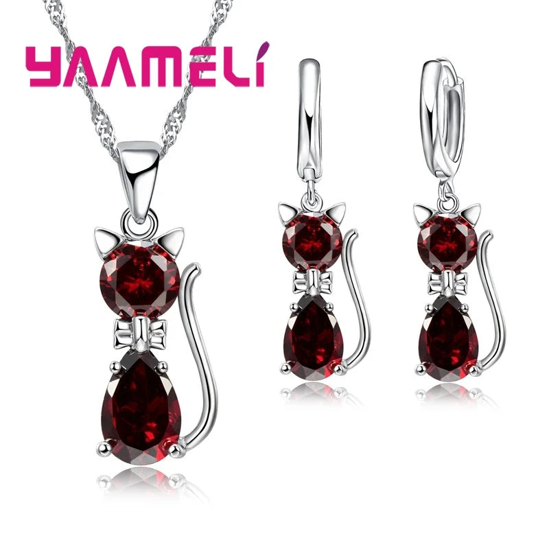 Set di gioielli in vero argento sterling 925 per donna ragazza brillante cristallo austriaco collana con ciondolo gatto carino orecchino Huggie