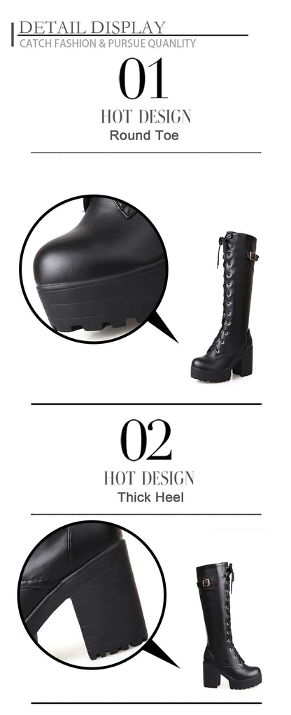 Gdgydh Hot Sale Spring Autumn Lacing Knee High Boots Women Fashion White Square Heel Woman Leather Shoes Winter PU Large Size 43
