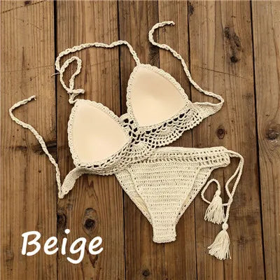 Costume da bagno donna all'uncinetto a mano in 10 colori Costume da bagno sexy con top corto push up Costume da bagno da spiaggia con nappa Pantaloncini da bagno