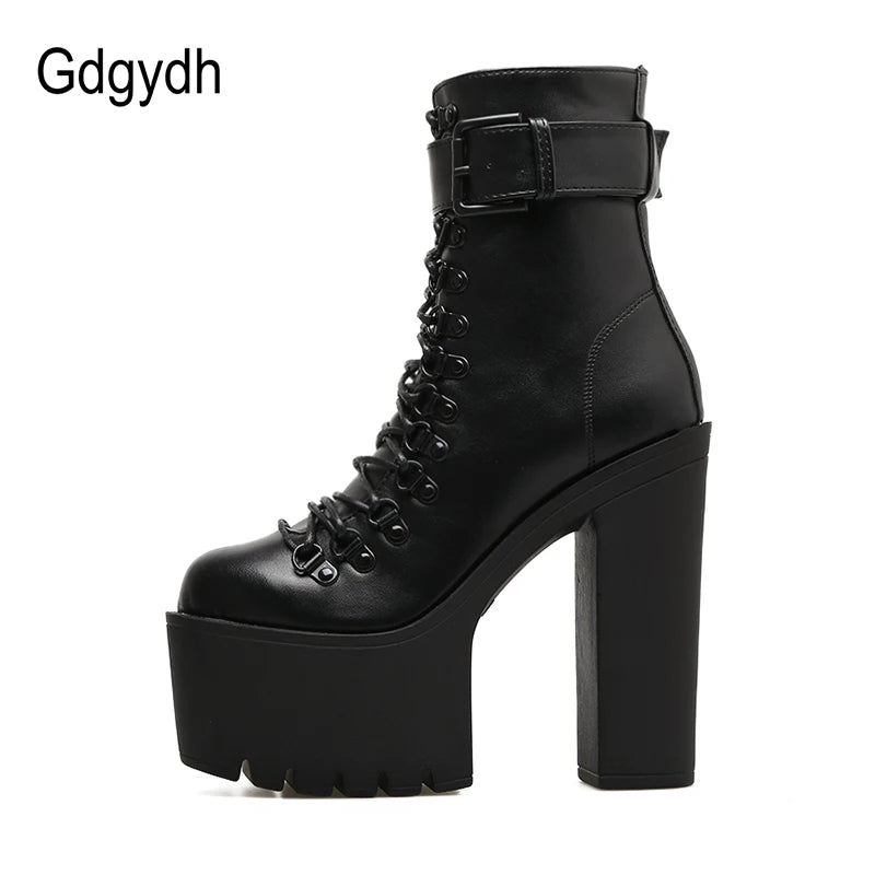 Gdgydh Stivali da moto moda Donna Pelle Primavera Autunno Fibbia in metallo Scarpe con tacco alto Cerniera Stivaletti neri Donna Allacciatura