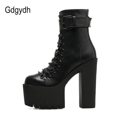 Gdgydh Stivali da moto moda Donna Pelle Primavera Autunno Fibbia in metallo Scarpe con tacco alto Cerniera Stivaletti neri Donna Allacciatura