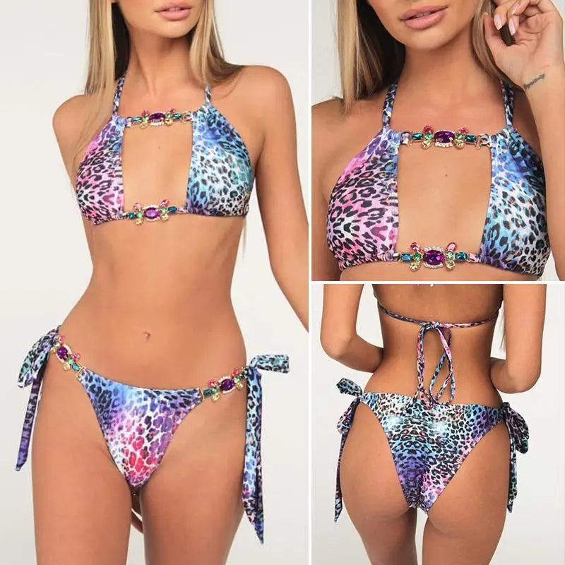 Bikini Leopardato con Strass 2026, Costume da Bagno Donna Scavato, Perizoma Femminile, Set Bikini con Diamanti, Halter