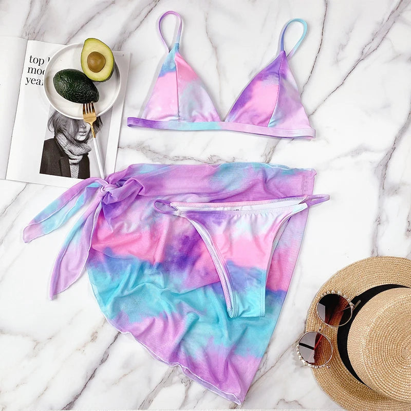 Sexy Push Up Swimwear 2023 costume da bagno donna 3 pezzi Tie Dye Bikini Set vita bassa costume da bagno brasiliano Halter Beach Wear Monokini