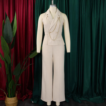 C8604 Latest Design African Jumpsuit Women Sexy Sleeveless V-neck Suit Collar Metal Chain Casual Wide Leg Jumpsuits for Ladies