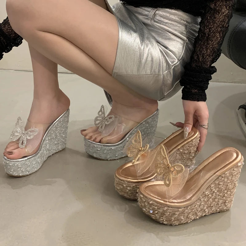 2025 New  Summer Fashion Bow Shining Sandals TPU Casual Slope Heel Slippers Ultra High Heels