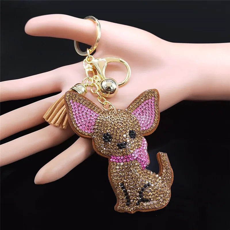 Moda Chihuahua Cane Portachiavi di Cristallo Borsa Accessori per Le Donne Color Oro Portachiavi Gioielli llaveros para mujer K2502S01