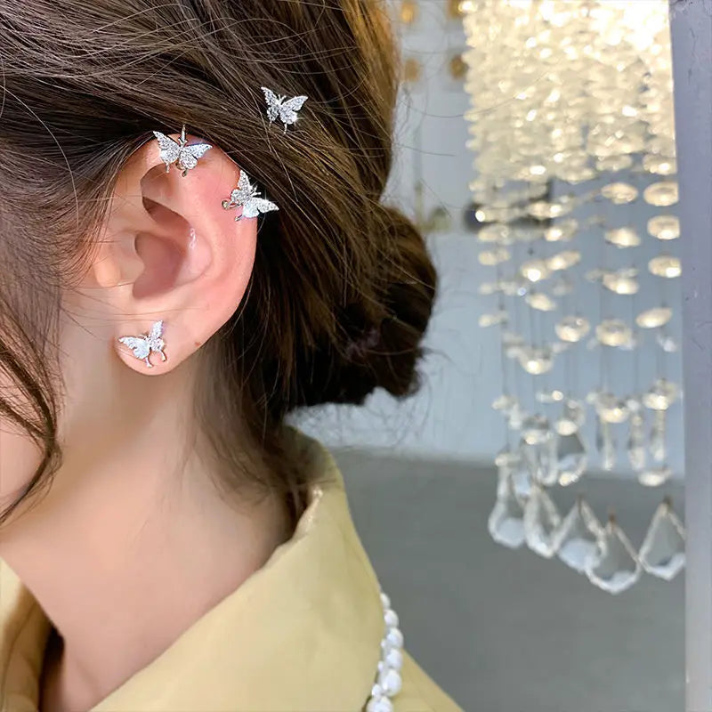 Orecchini a Clip a farfalla con foglia di metallo placcato argento per orecchini da donna senza Piercing gioielli di moda con polsino dell'orecchio in zircone scintillante