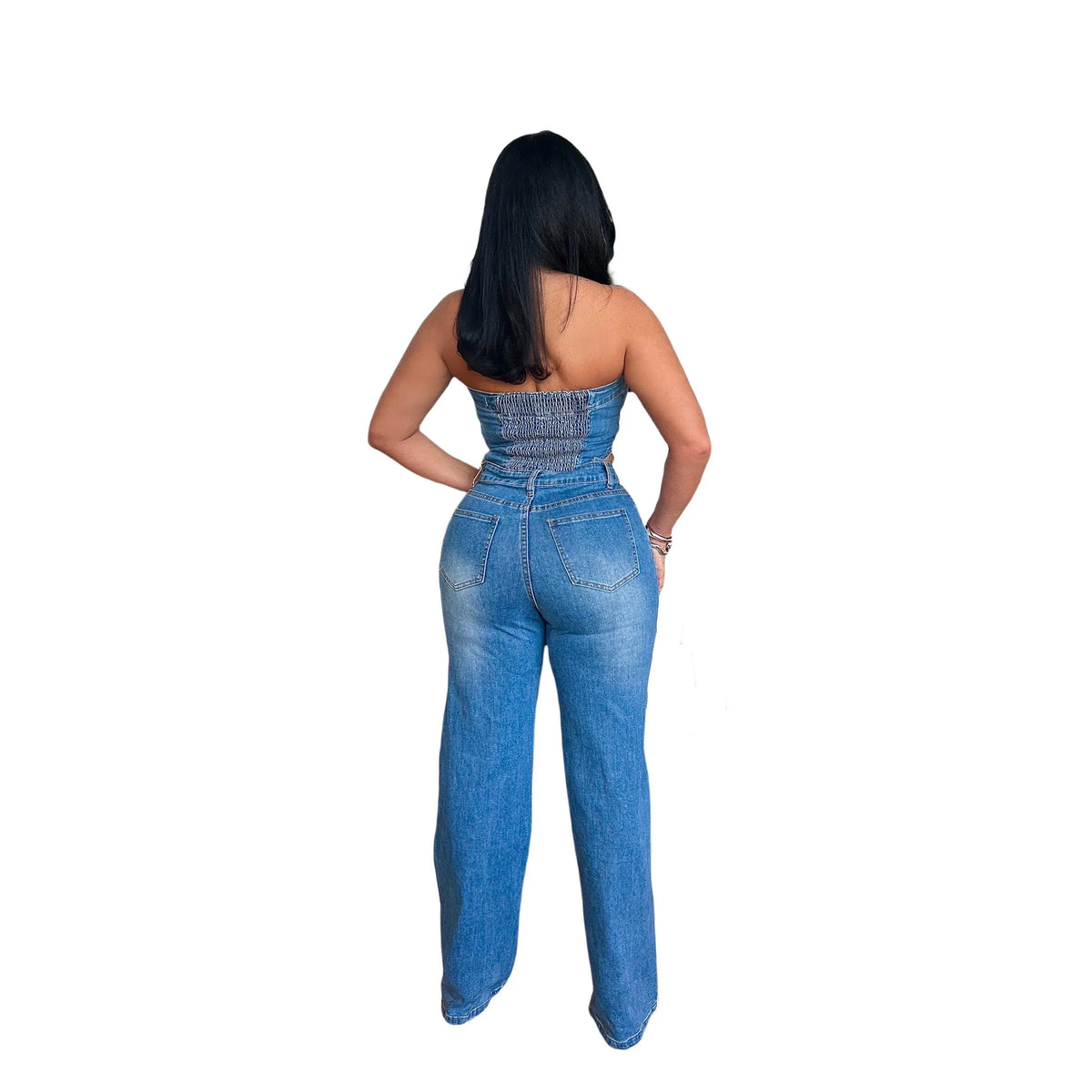 Women's Strapless Halter Loose-Fitting Denim Jumpsuit Spring Casual Solid Knitted Tights for Outings Straight Wide Leg Design