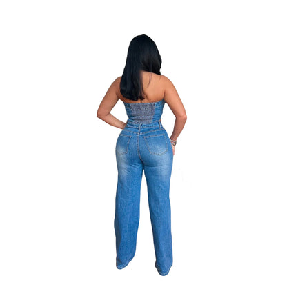 Women's Strapless Halter Loose-Fitting Denim Jumpsuit Spring Casual Solid Knitted Tights for Outings Straight Wide Leg Design