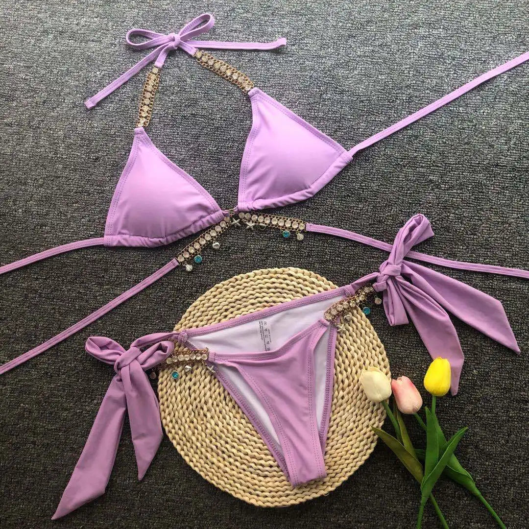 2022 Stock glänzender holografischer Tanga-Bikini Schmuck Diamant Damen Tanga-Bikini Bademode