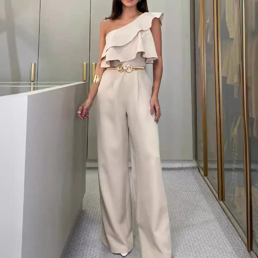 Boutique Wholesale 2025 Autumn New Fashionable Shoulder Lotus Leaf Edge Slim Fit Women's Jumpsuit