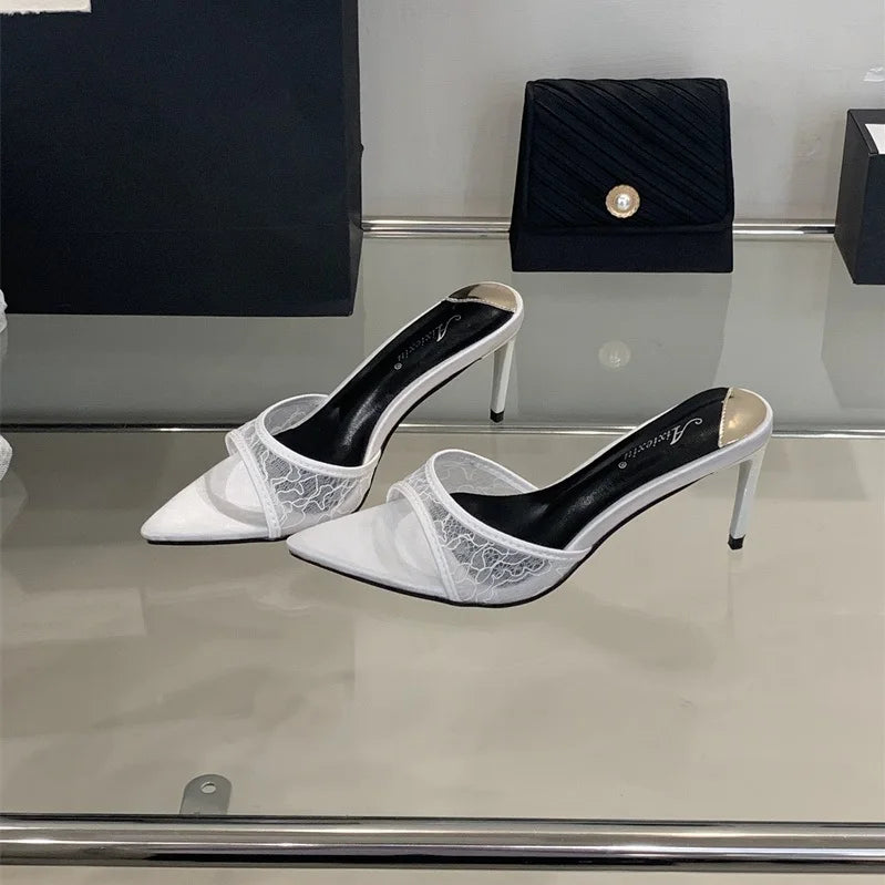 2025 Lace White Heels Hollow Mesh Sexy Feminine Sandals Summer Women's Wedding Shoes Slippers
