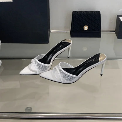 2025 Lace White Heels Hollow Mesh Sexy Feminine Sandals Summer Women's Wedding Shoes Slippers