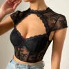 XS-L Round Necked Lace Diamond Sexy Hollow Top Steel Ring Fishbone Exposed Navel Short Top