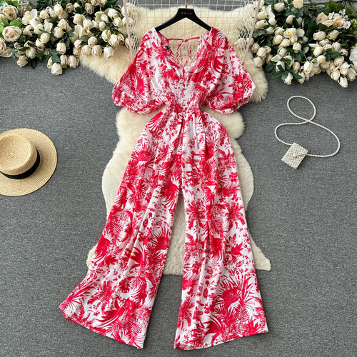 Combinaison en mousseline de soie fleurie style vacances en bord de mer pour femme avec taille haute, coupe slim et décontractée, jambe large flu