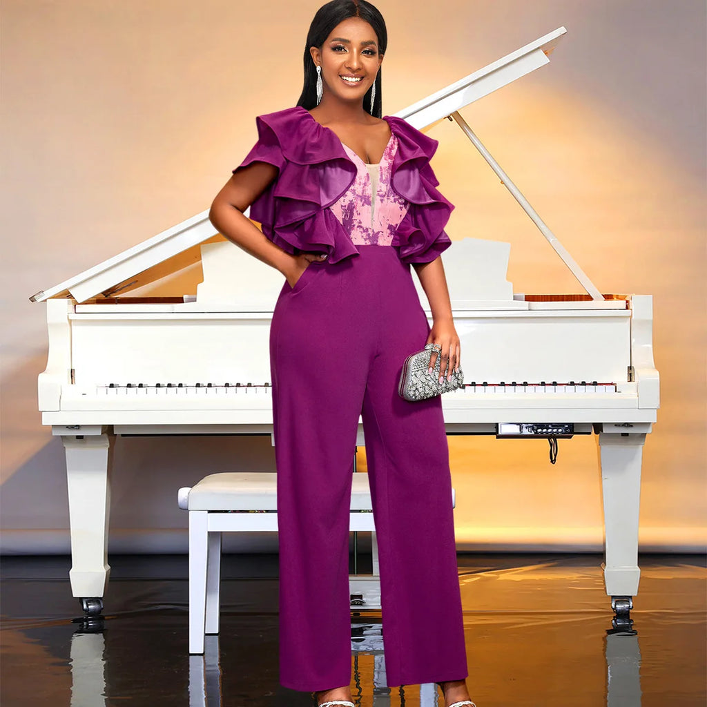Afrikanischer Sommer Tiefer Rückenausschnitt Ärmelloser Overall Große Größen 4XL Party-Stil Lila Weites Bein Overall Body