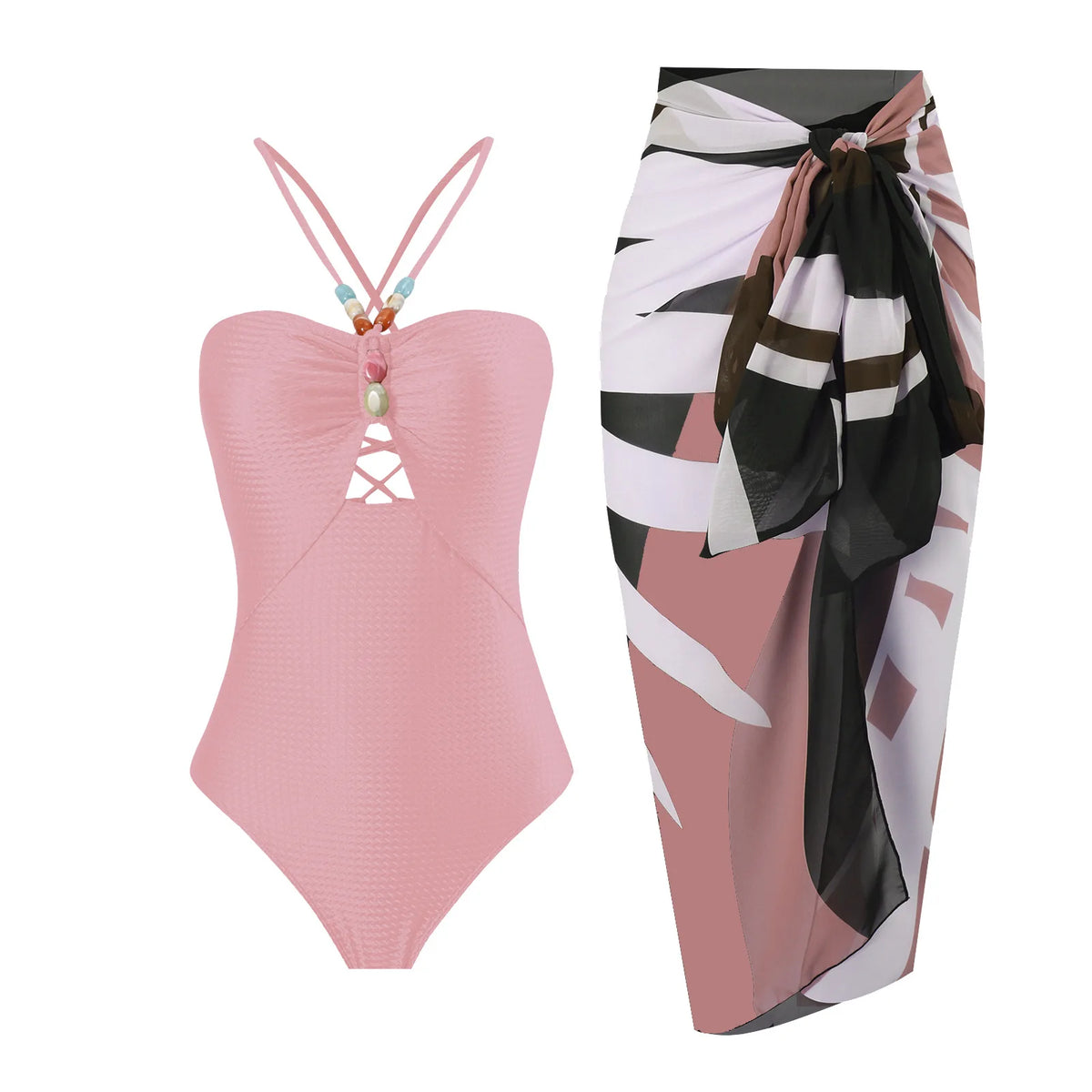 Sexy Bikini Set Women Luxury Beading Swimwear Hollow Out Swimsuit Two-pieces Halter Beachwear Bathing Suit With Cover up Skirt