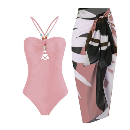 Sexy Bikini Set Women Luxury Beading Swimwear Hollow Out Swimsuit Two-pieces Halter Beachwear Bathing Suit With Cover up Skirt