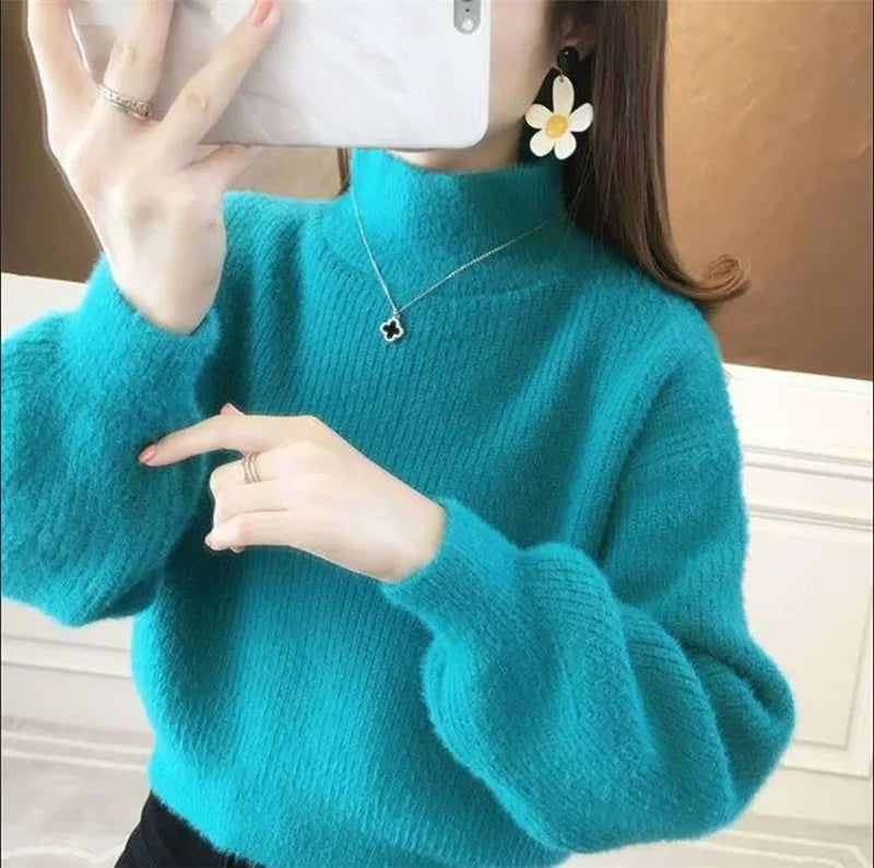 Autunno/Inverno Donna Maglione Pullover Nuovo Mezza Dolcevita Manica Lanterna Maglione Corto Imitazione Visone Pile Maglia Maglione Top