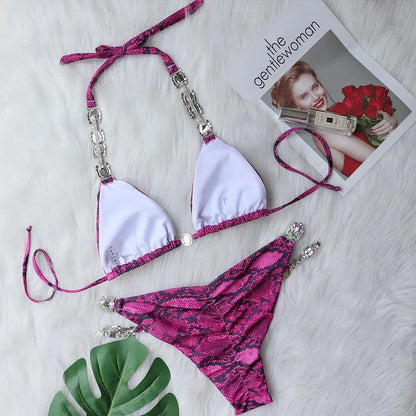 Bikini New Bikini Sexy Schlangenleder bedruckt Kristall Diamant Damen Split Badeanzug Strand Badeanzug Schmuck Bademode