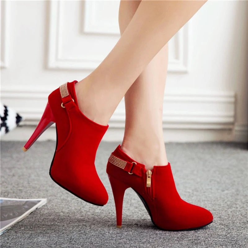 REAVE CAT Ankle Boots Pointed Toe Shoes women Sale Thin Heels Flock Suede Leather Rhinestone Big Size 31-50 Weeding Blue Black