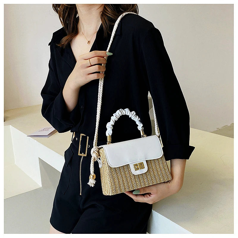 Borsa da spiaggia in paglia per donna 2021 Borsa estiva con manico pieghettato Borsa di design di lusso Borsa a tracolla in colore a contrasto e borsetta Lady Bolsos