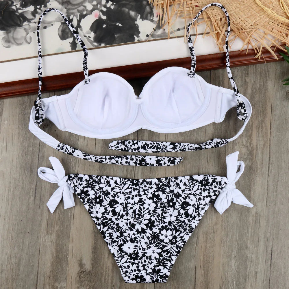 Bikini Solide Avec Bretelles Bandage Ensemble Bikini Blanc Push Up Bikini Maillots De Bain Bandeau Maillot De Bain Brésilien Maillot De Bain