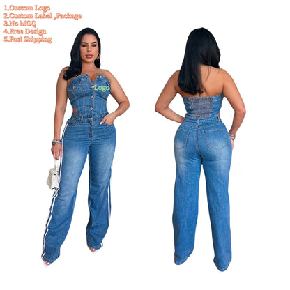 Women's Strapless Halter Loose-Fitting Denim Jumpsuit Spring Casual Solid Knitted Tights for Outings Straight Wide Leg Design