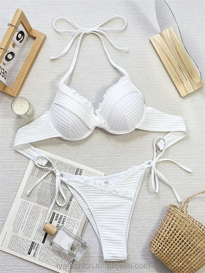 Best Girl Tube Top Brazil Sexy Ruffle Gather Thong Swimsuit Hot Ribbed Underwire Push up Micro Mini Bikini Set for Women
