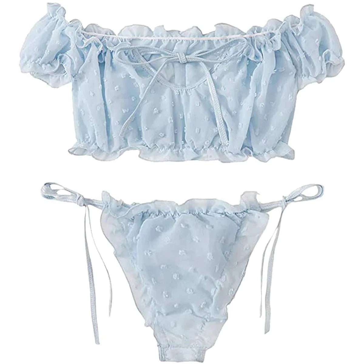 Damen Mädchen Süß Sexy Dessous Bikini Set Kurzarm schulterfrei Schnürung Zweiteiler Anzüge Badeanzüge Strandbekleidung Bademode